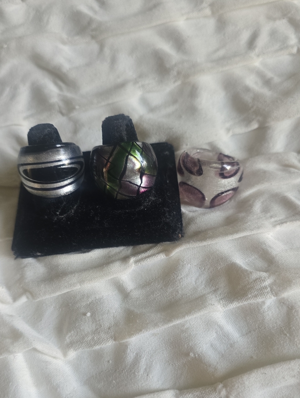 Set of Three Glass Fashion Women's Rings in Black, Iridescent, and Purple